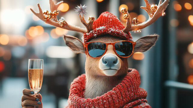 A whimsical and festive reindeer wearing stylish sunglasses holds a glass of champagne, exuding holiday cheer and cool vibes. With its antlers decorated and a jolly expression, this playful scene capt