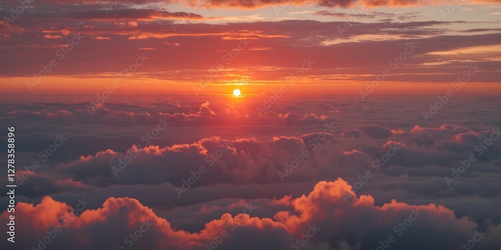 Poster vibrant sunset above clouds with ample copy space for textual overlay and design elements
