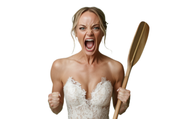 Bridal portrait featuring a fierce bride holding a wooden paddle, showcasing a unique blend of elegance and strength in a striking white gown