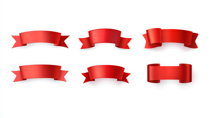 Red ribbon banner isolated. Satin tag or sale badge offer. 3d silk flag set. Bookmark mockup design. Vintage promo header template icon. Fabric price emblem or blank promotion sticker decoration