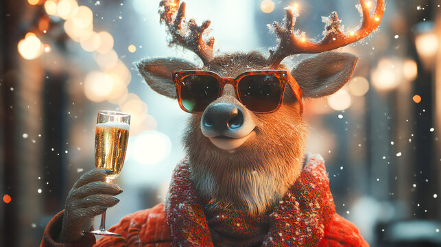 A whimsical and festive reindeer wearing stylish sunglasses holds a glass of champagne, exuding holiday cheer and cool vibes. With its antlers decorated and a jolly expression, this playful scene capt