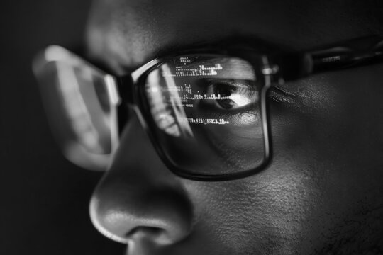 Close-up black and white portrait of a programmer working with source code reflecting in his glasses, highlighting the focus and intensity of software development