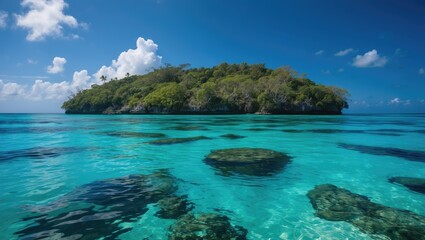 Fototapeta premium Uninhabited tropical island surrounded by clear blue water showcasing untouched nature and serene wilderness in a pristine environment.