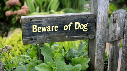 Weathered wooden beware of dog sign in garden.
