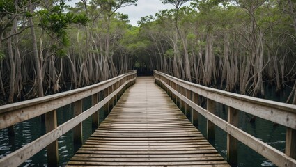 Fototapeta premium Wooden Bridge Leading Through Serene Mangrove Forest Nature Trail with Lush Greenery and Reflective Water Surface Ideal for Text Overlay