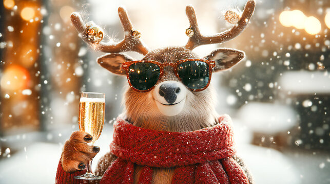 A whimsical and festive reindeer wearing stylish sunglasses holds a glass of champagne, exuding holiday cheer and cool vibes. With its antlers decorated and a jolly expression, this playful scene capt