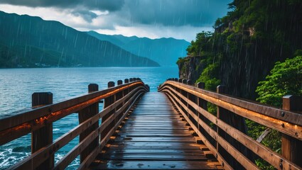 Fototapeta premium Serene Wooden Bridge Over Calm Waters Surrounded By Mountains Under Dramatic Rainy Sky After Storm