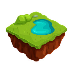 isometric game summer plain landscape with lake, vector illustration