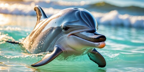 Playful Young Bottlenose Dolphin Swimming in Shallow Water with Sunny Shoreline Background and Space for Text Overlay