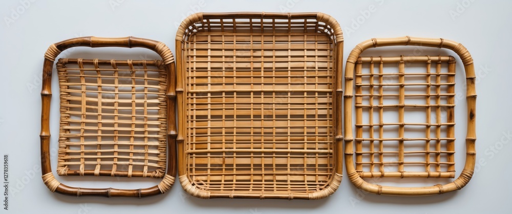 Poster bamboo weave trays in three square shapes on white background with space for text or graphic additio
