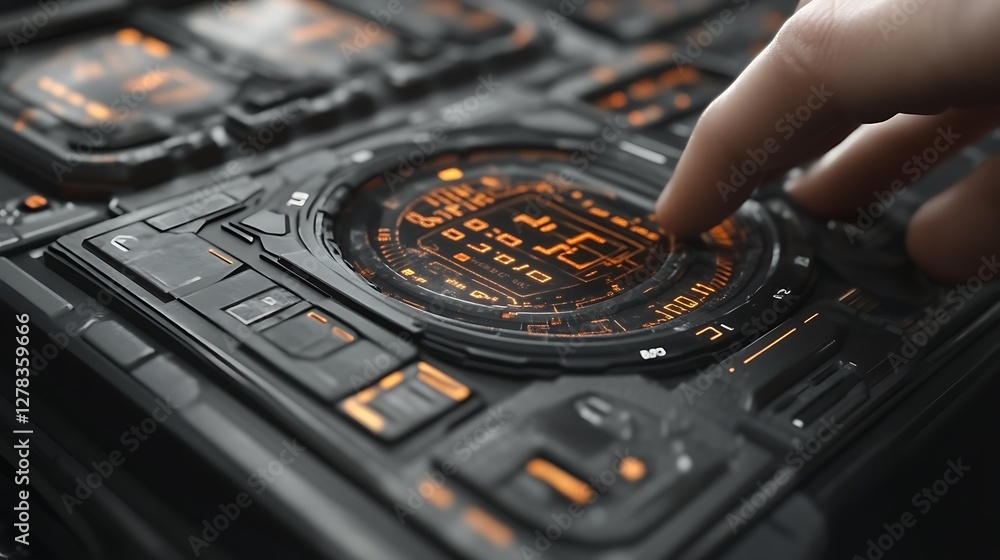 Poster futuristic interface activation with a finger on a high-tech device panel