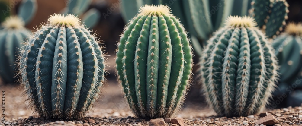 Poster grouped barrel cacti in desert landscape showcasing unique textures and shapes of multiple species i