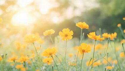 Fototapeta premium Yellow Flower Field in Sunlight Soft Focus and Dreamy Atmosphere