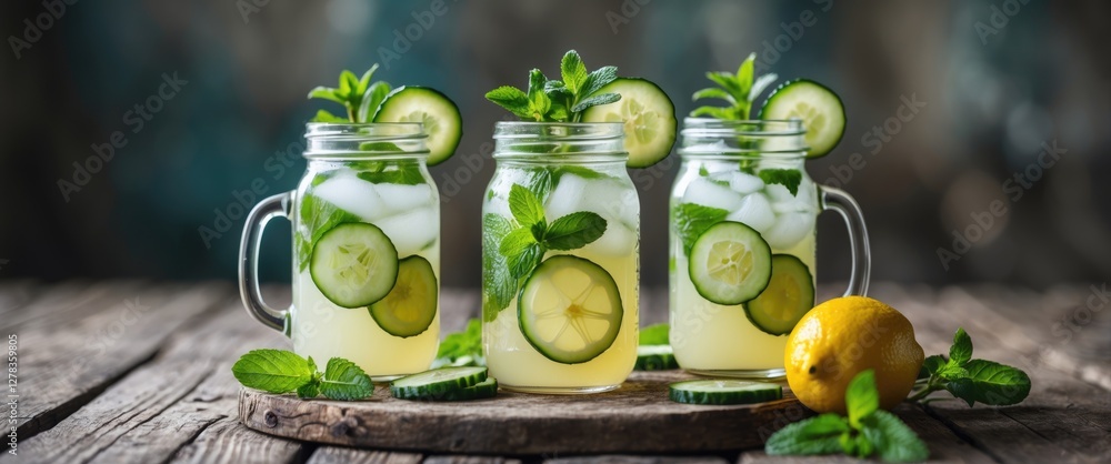 Aufkleber refreshing lemonade jars with cucumber and mint on a rustic wooden table perfect for summer beverage