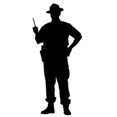 Silhouette of a police officer in uniform holding a radio in one hand, standing with the other hand on the hip, symbolizing law enforcement and security, depicting a figure of authority and order.