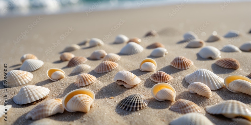 Poster delicate sea shells scattered on sandy beach with soft bokeh background ideal for minimalistic desig