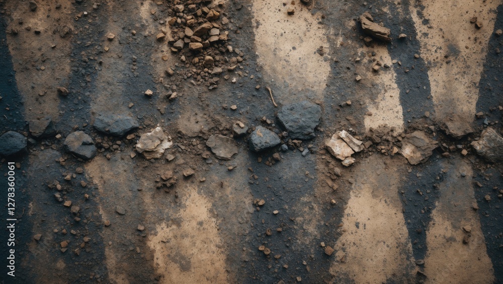 Poster tire tracks on grungy dirt surface with stones and texture variation ideal for background or copy sp
