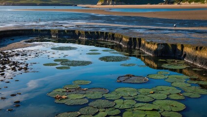 Serene Tidal Pool with Lilypads and Coastal Reflections under Clear Blue Skies
