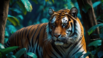 Naklejka premium Majestic Tiger Surrounded By Lush Jungle Foliage With Space For Text Overlay