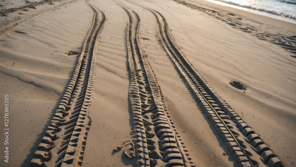 Aufkleber tire tracks in beach sand creating patterned impressions with selective focus and ample copy space f
