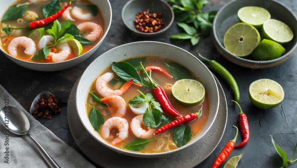 Poster delicious tom yum soup with fresh seafood and chilies garnished with lime on a rustic table with cop