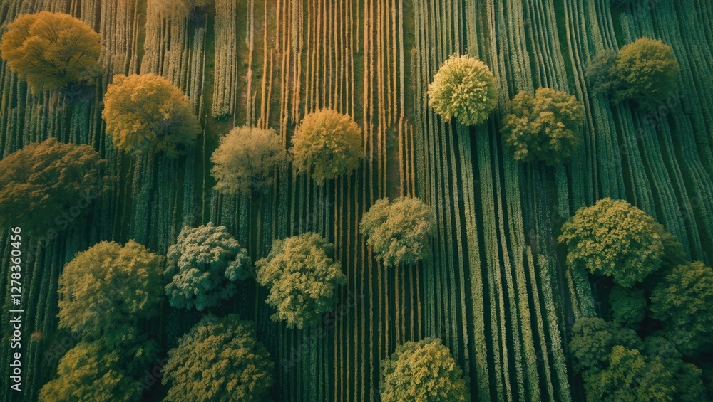 Aufkleber aerial view of a lush green field with vibrant trees and clean space for text in the center