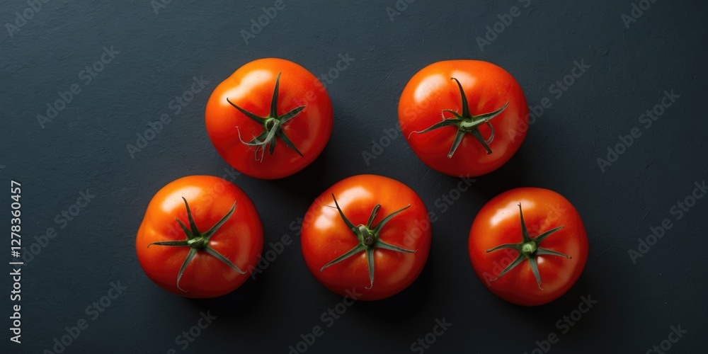 Poster fresh ripe red tomatoes arranged on dark background with space for text or branding