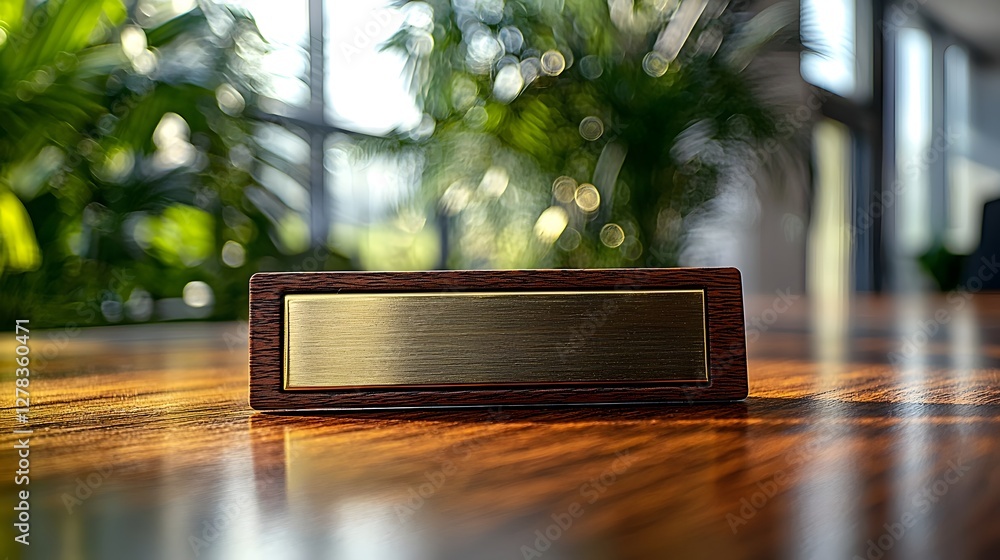 Poster close up view of a formal nameplate resting on the surface of a wooden office desk captured during a
