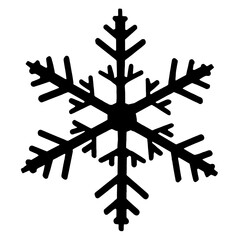 Black silhouette of a snowflake with six symmetrical rays, each adorned with additional offshoots resembling twigs, symbolizing winter and snow, ideal for decorative and festive designs.

