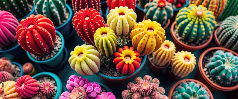 Poster vibrant collection of colorful cacti in decorative pots displayed in bulk for a bright and cheerful 