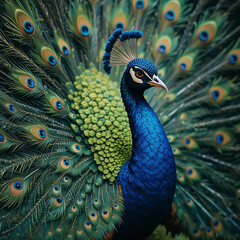 Obraz premium A stunning and vibrant peacock displaying its large, iridescent feathers in a mesmerizing fan, showcasing.