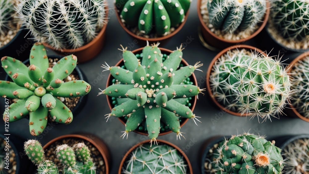 Poster top view of green cacti in pots on a dark surface with space for text or design elements
