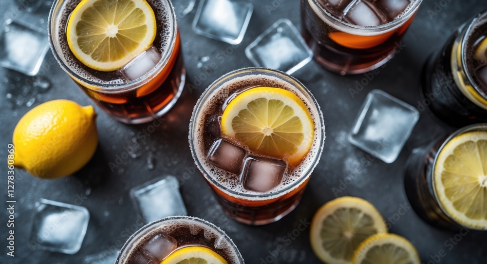 Poster top view of refreshing cola cocktails with lemon slices and ice cubes on dark background ideal for b
