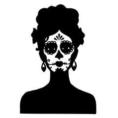 Silhouette of a woman with sugar skull makeup, adorned with flowers, representing Día de los Muertos, celebrating life and honoring ancestors with decorative elements and festive culture.

