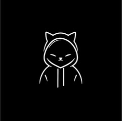 White outline of a cat in a hood with a serious expression, blending minimalism and playful symbolism.