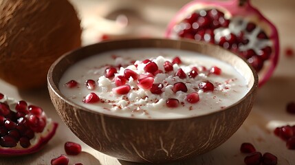 A Blissful Tropical Composition of Coconut Milk and Pomegranate in Gentle Sunlight