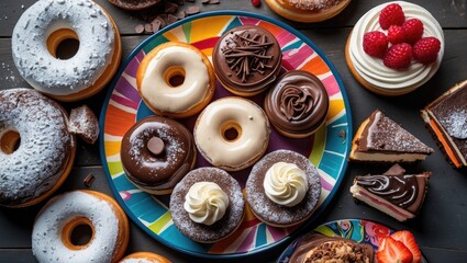 Fototapeta premium Colorful Plate of Assorted Junk Food Including Donuts, Cakes, and Berries with Empty Space for Text in Top View Arrangement