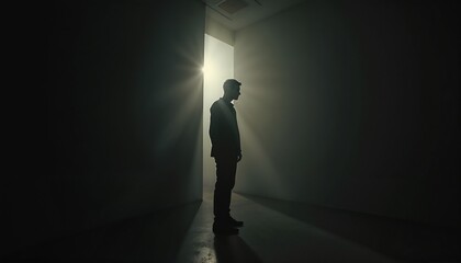 Symbolic loneliness captured in the silhouette of a man standing in a dark room with a single light source illuminating him