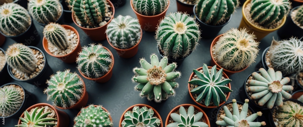 Poster aerial view of diverse cactus collection in pots displayed in greenhouse with empty space for text o