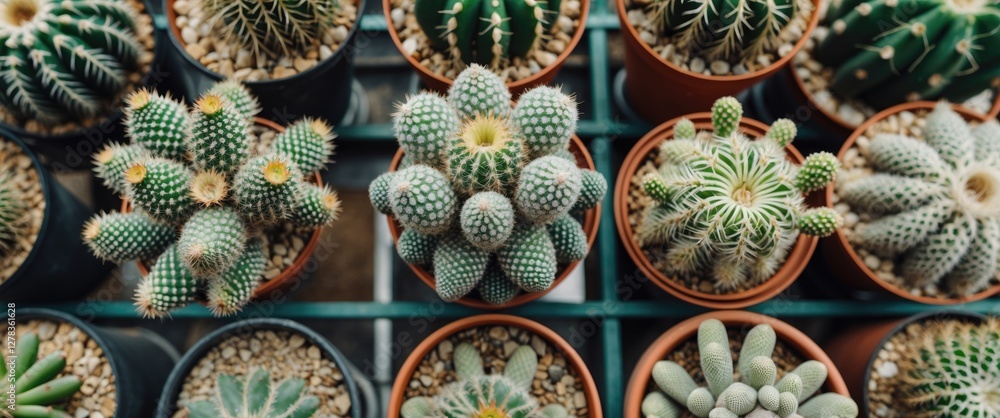 Poster top view of diverse cacti in pots arranged neatly in a greenhouse with ample space for text, showcas