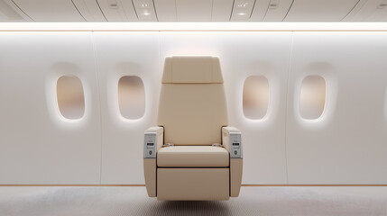 A modern airplane seat positioned in the center of the frame, with clean, symmetrical lines emphasizing a minimalist approach. The empty space around the chair makes it ideal for advertisements,