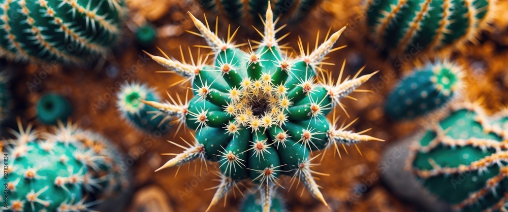 Wall mural Aerial View of Thorny Cactus with Unique Texture Against a Natural Background in Desert Landscape