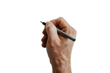 Close-up view of a hand gripping a pen, poised to write or sketch against a clean white background capturing the essence of creativity and inspiration