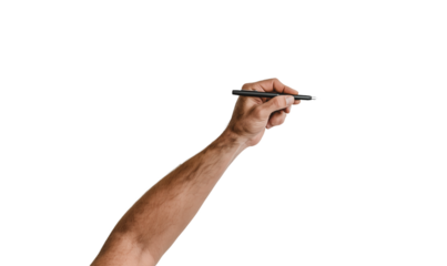 Hand holding a pen against a blank background for creativity or writing purposes in a clear first-person perspective view