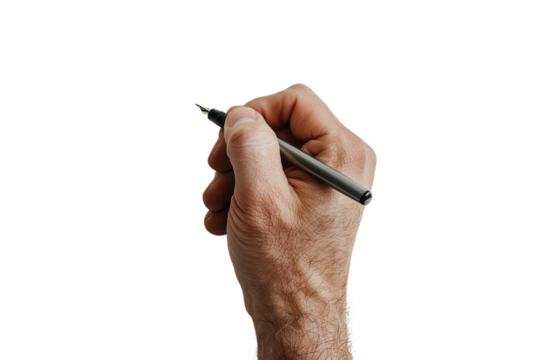 Close-up view of a hand gripping a pen, poised to write or sketch against a clean white background capturing the essence of creativity and inspiration
