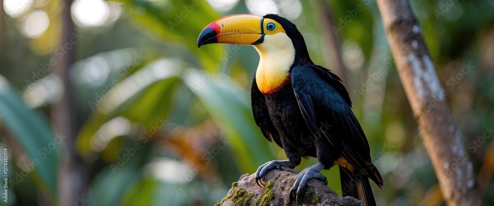 Poster toucan perched on a tree branch surrounded by greenery in a lush tropical environment showcasing vib