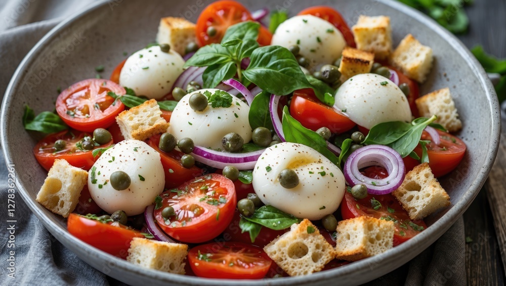Poster vibrant panzanella salad with tomatoes mozzarella capers red onion croutons and fresh basil on a rus
