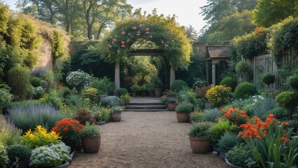 Obraz premium Lush garden path adorned with vibrant flowers and greenery under a sunny sky featuring space for text or promotional content.