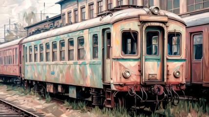 impressionistic painterly style loose painting of  train on the railway station