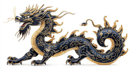 Obraz premium AmeticulouslycraftedembroideredChinesedragon,darkbluewithgoldaccents,poseddynamicallyagainstastarkwhitebackground.